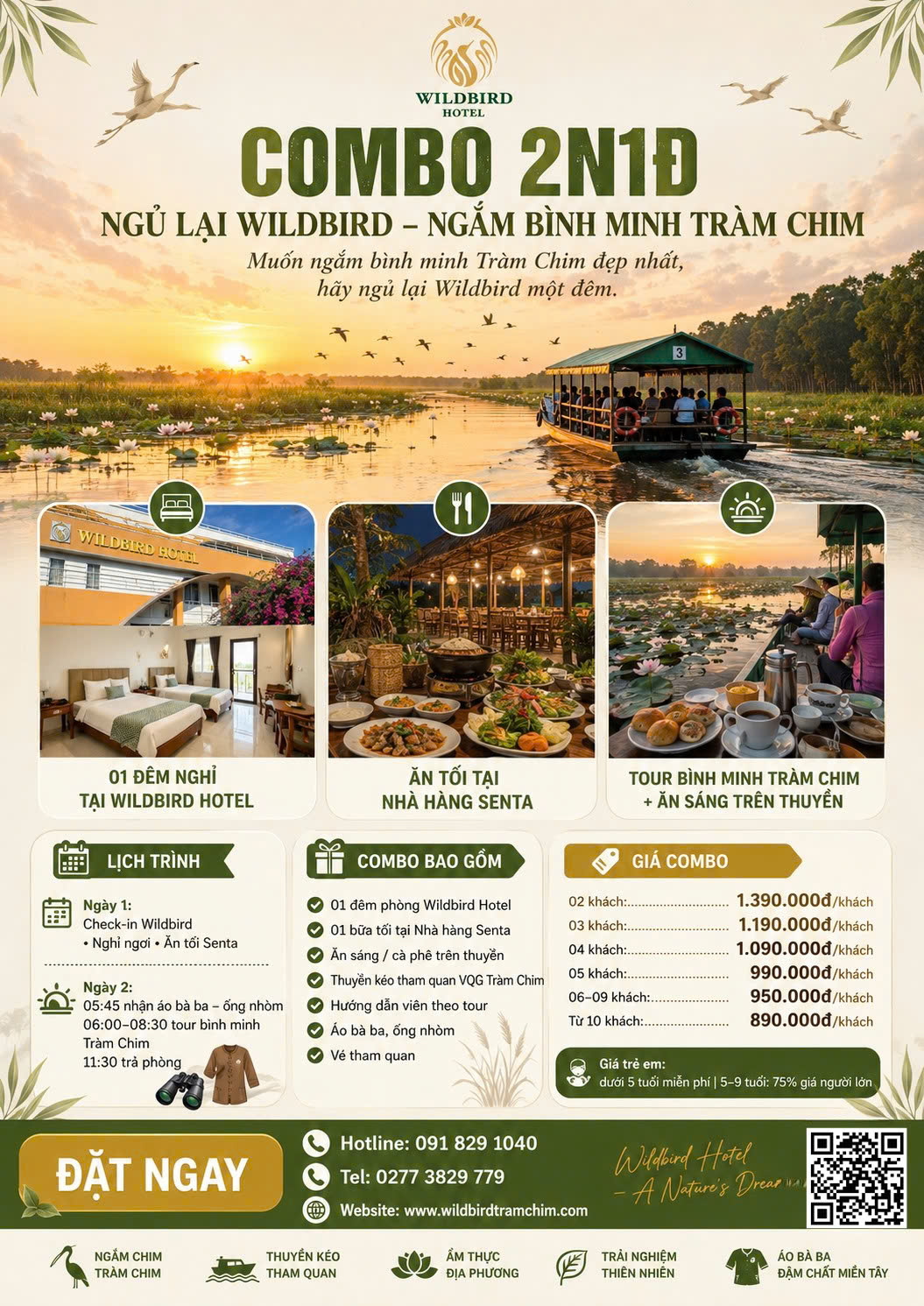 Combo 2N1Đ Tour Bình Minh Tràm Chim